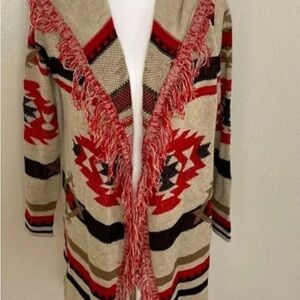 Absolutely Famous Red and Cream Hooded Cardigan Aztec print